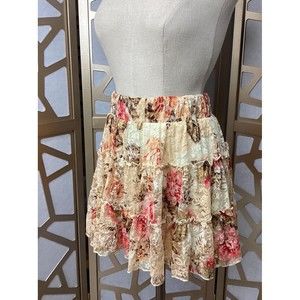 NEW DELIAS LACE FLORAL BEIGE RUFFLES SKIRT Xs Mini Elastic Waist rts39